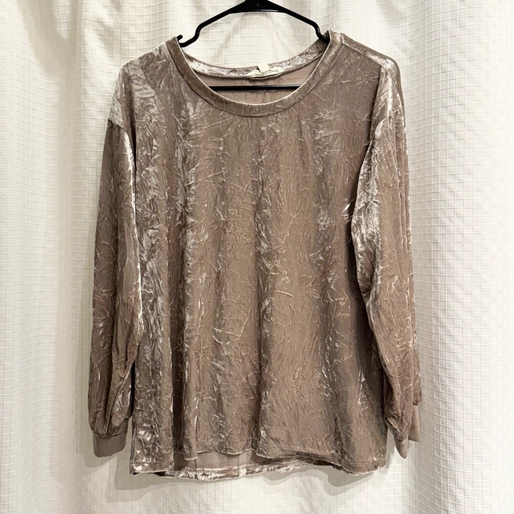 Women's Crushed Velvet Long-Sleeve Top in Taupe